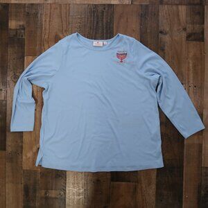 The Quacker Factory Womans 2X Light Blue Long Sleeve Tee Shirt Menorah Hanukkah